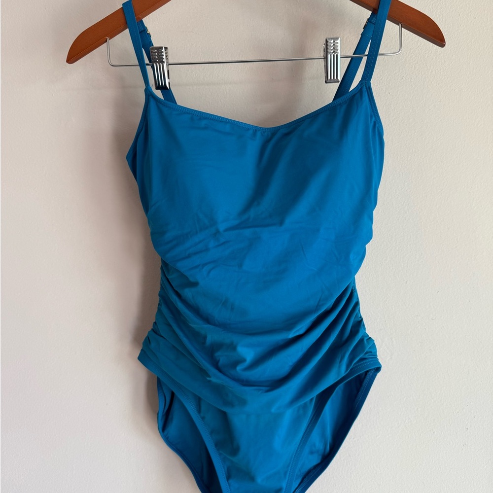 La Blanca Womens Teal Blue Ruched Front One Piece Swimsuit Size 10 LB0AD16